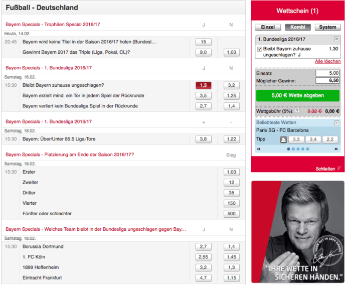 Bayern Special zur Bundesliga bei Tipico